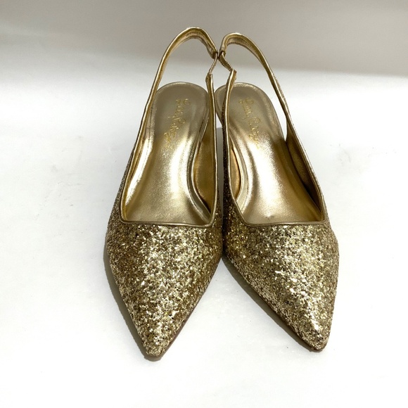 Lilly Pulitzer Shaina Slingback Gold Glitter Pump Pointed Toe Kitten Heel Shoe 8 - Picture 13 of 16